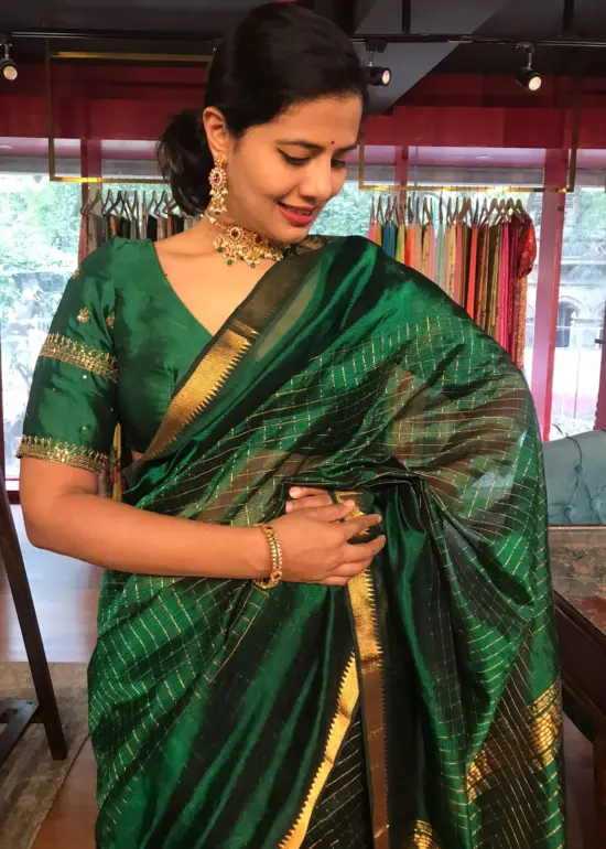 Bottle Green Mangalagiri Silk Saree woven in Gold Zari Checks