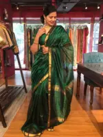 Bottle Green Mangalagiri Silk Saree woven in Gold Zari Checks - Image 3