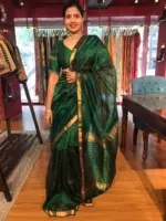Bottle Green Mangalagiri Silk Saree woven in Gold Zari Checks - Image 5