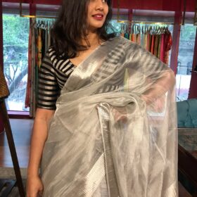 Silver Tissue Silk Saree with Self designed Border