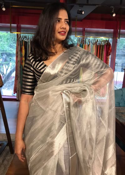 Silver Tissue Silk Saree with Self designed Border