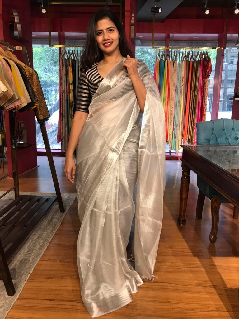 Silver Tissue Silk Saree with Self designed Border - Mirra Clothing