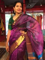 Magenta Mangalagiri Silk Saree with Handwoven Zari Checks