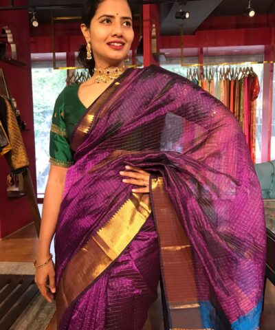 Magenta Mangalagiri Silk Saree with Handwoven Zari Checks
