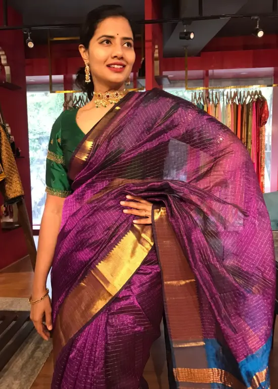 Magenta Mangalagiri Silk Saree with Handwoven Zari Checks