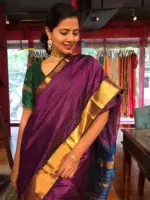 Magenta Mangalagiri Silk Saree with Handwoven Zari Checks - Image 2