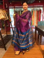 Magenta Mangalagiri Silk Saree with Handwoven Zari Checks - Image 4