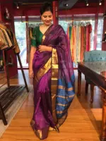 Magenta Mangalagiri Silk Saree with Handwoven Zari Checks - Image 5