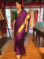 Magenta Mangalagiri Silk Saree with Handwoven Zari Checks - Image 6