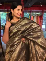 Black Tussar Silk Saree with Gold Zari Striped Weaves