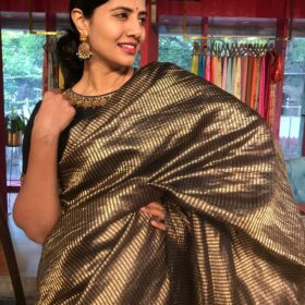Black Tussar Silk Saree with Gold Zari Striped Weaves