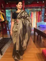 Black Tussar Silk Saree with Embroidered Silk Blouse - Image 6