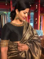 Black Tussar Silk Saree with Embroidered Silk Blouse - Image 3