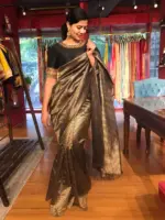 Black Tussar Silk Saree with Embroidered Silk Blouse - Image 5