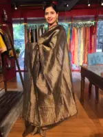 Black Tussar Silk Saree with Embroidered Silk Blouse - Image 7