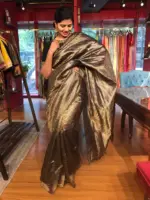 Black Tussar Silk Saree with Embroidered Silk Blouse - Image 4