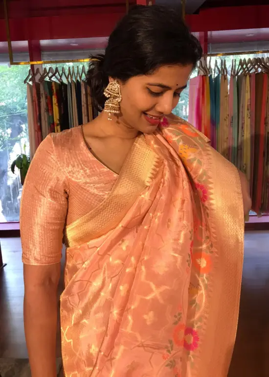 Blush Pink Tissue Silk Saree with Shikargarh Weaves