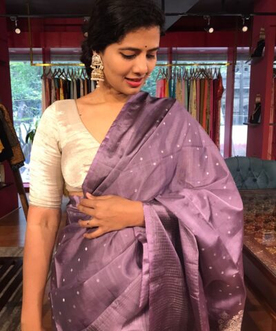Lilac Kanchivaram Silk Saree with woven Silver Zari Bootis