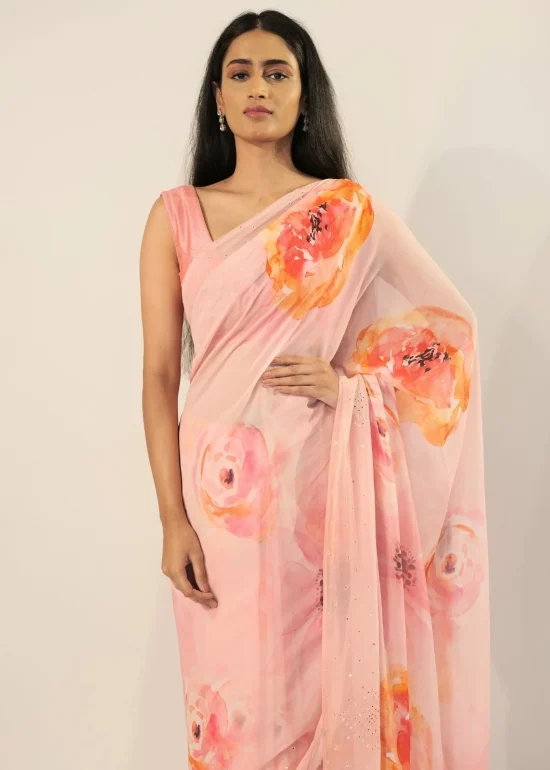 Peach Printed Georgette Saree