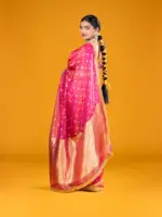 Rani Pink Tissue Silk Saree highlighted with Zari Motifs and Gota Border - Image 4