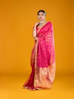 Rani Pink Tissue Silk Saree highlighted with Zari Motifs and Gota Border - Image 3