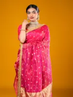 Rani Pink Tissue Silk Saree highlighted with Zari Motifs and Gota Border - Image 2