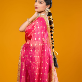 Rani Pink Tissue Silk Saree highlighted with Zari Motifs and Gota Border