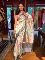 Pastel Blue Printed Banarasi Silk Saree - Image 4