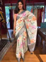 Pastel Blue Printed Banarasi Silk Saree - Image 5