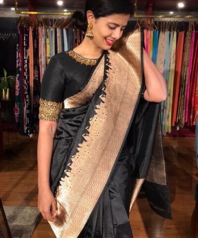 Black Handwoven Banarasi Katan Silk Saree with Kashi Ghat Weaves
