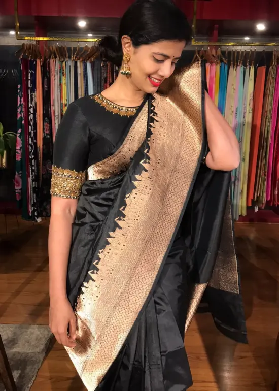 Black Handwoven Banarasi Katan Silk Saree with Kashi Ghat Weaves