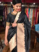 Black Handwoven Banarasi Katan Silk Saree with Kashi Ghat Weaves - Image 7