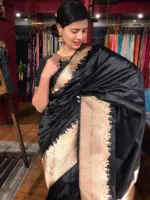 Black Handwoven Banarasi Katan Silk Saree with Kashi Ghat Weaves - Image 4