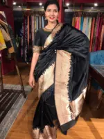 Black Handwoven Banarasi Katan Silk Saree with Kashi Ghat Weaves - Image 2