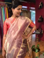 Ombre Lavender Tissue Silk Saree with Gold Zari Weaves - Image 5