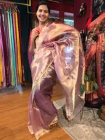Ombre Lavender Tissue Silk Saree with Gold Zari Weaves - Image 4