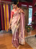 Ombre Lavender Tissue Silk Saree with Gold Zari Weaves - Image 3