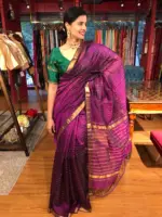 Magenta Mangalagiri Silk Saree Handwoven in chequered pattern - Image 4
