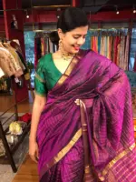 Magenta Mangalagiri Silk Saree Handwoven in chequered pattern