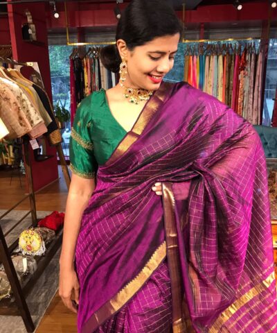 Magenta Mangalagiri Silk Saree Handwoven in chequered pattern