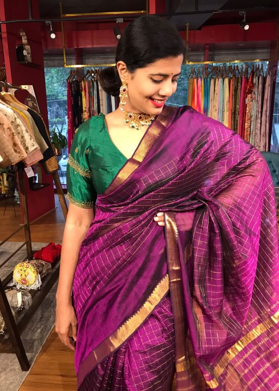 Magenta Mangalagiri Silk Saree Handwoven in chequered pattern