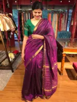 Magenta Mangalagiri Silk Saree Handwoven in chequered pattern - Image 5