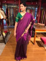 Magenta Mangalagiri Silk Saree Handwoven in chequered pattern - Image 3