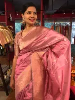 Onion Pink Handwoven Banarasi Katan Silk Saree with Kadwa Zari Motifs - Image 4