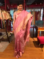Onion Pink Handwoven Banarasi Katan Silk Saree with Kadwa Zari Motifs - Image 5