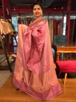 Onion Pink Handwoven Banarasi Katan Silk Saree with Kadwa Zari Motifs - Image 6