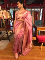 Onion Pink Handwoven Banarasi Katan Silk Saree with Kadwa Zari Motifs - Image 3