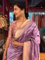 Lilac Handwoven Banarasi Katan Silk Saree with Kadwa Zari Motifs - Image 3