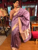 Lilac Handwoven Banarasi Katan Silk Saree with Kadwa Zari Motifs - Image 5