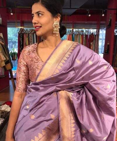 Lilac Handwoven Banarasi Katan Silk Saree with Kadwa Zari Motifs